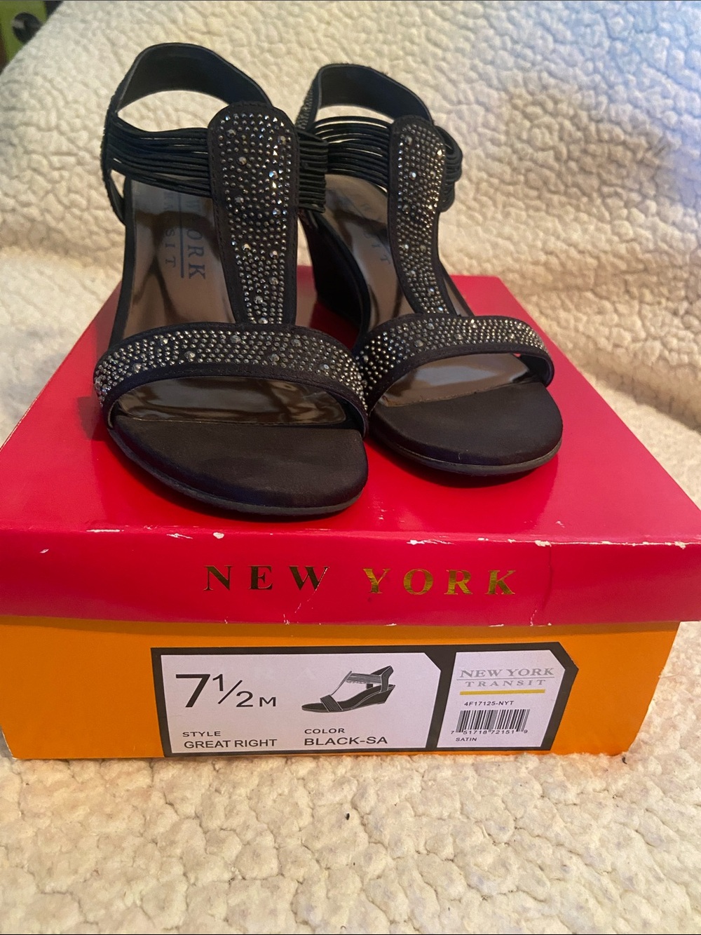 New York Transit Black Jeweled T-Strap Heels